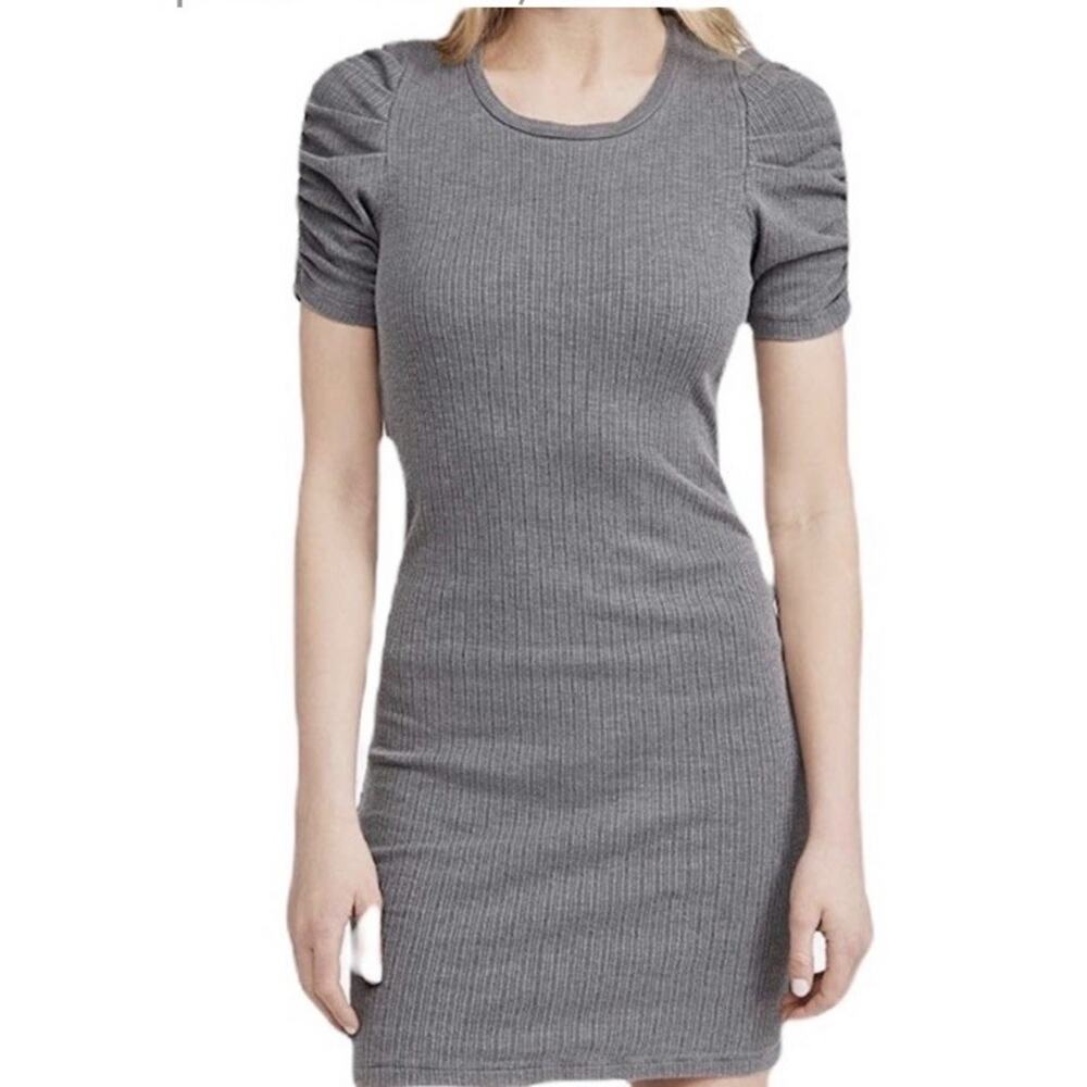 Sundry Gray Puff Sleeve Ruched Bodycon Ribbed Short Dress Women’s Sz 2 (Medium)